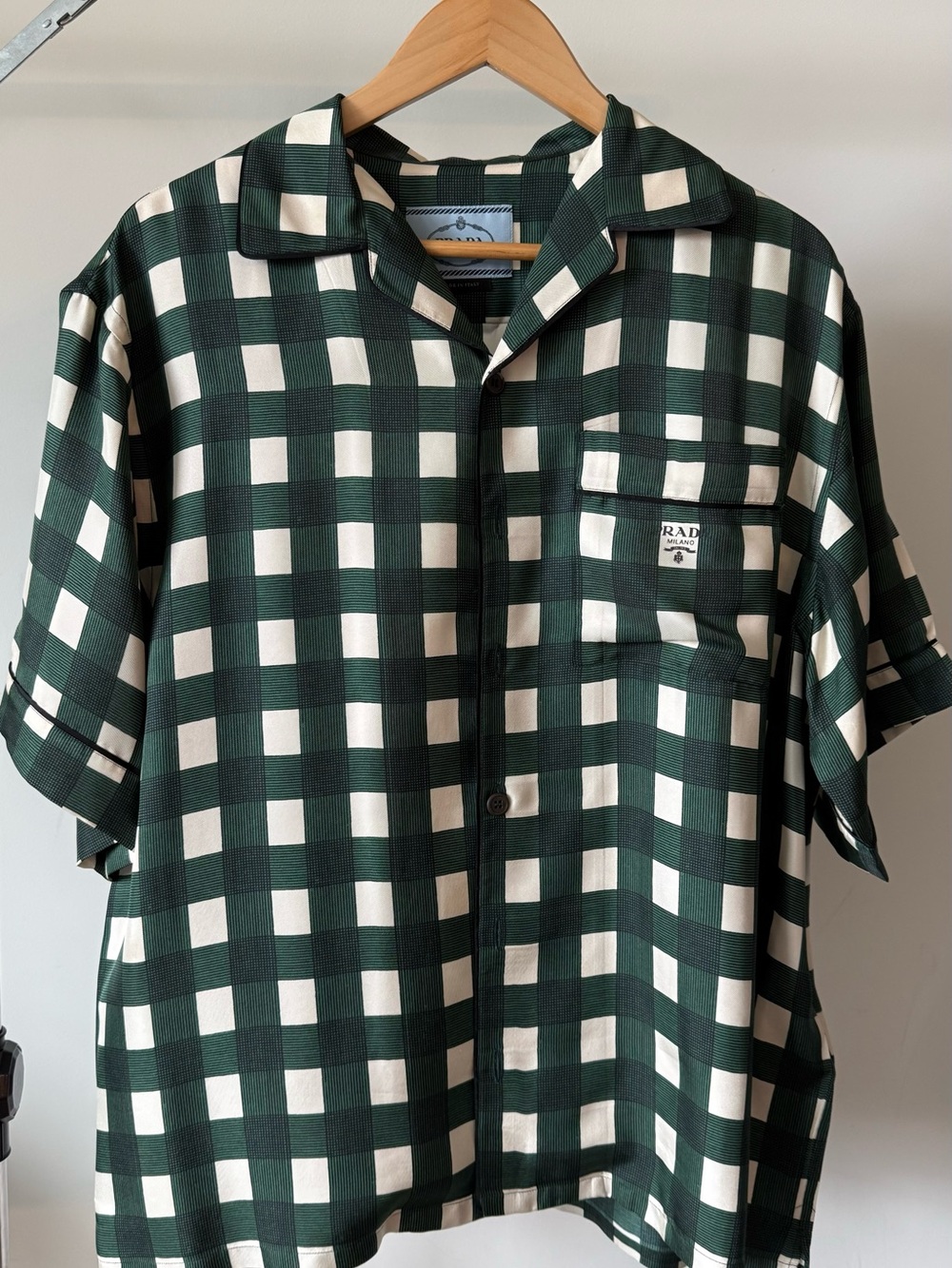 Prada Dark Green & White Check Short-Sleeve Button-Down Shirt